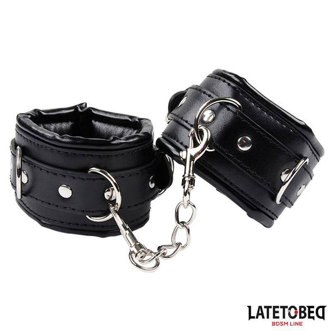 Sponge Ankle Cuff for BDSM play, featuring durable PU and metal design with adjustable sponge-lined cuffs, by Latetobed.