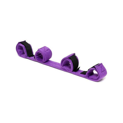 Spreader Bar with 4 Cuffs Purple, compact bondage accessory with soft-coated cuffs for restraint, 39 cm durable metal bar.