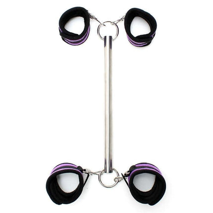 Spreader Bar with Detachable 4 Cuffs Purple, durable metal bar with four Velcro cuffs, versatile accessory, compact design.
