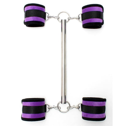 Spreader Bar with Detachable 4 Cuffs Purple restraint system with metal bar and velcro cuffs
