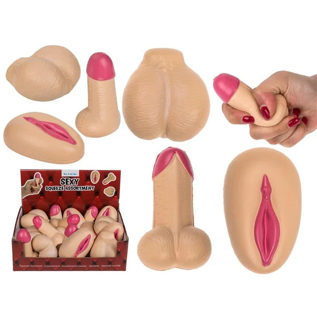 Squeeze Sexy Display 12 Pieces Assorted stress balls with penis, vagina, and testicles for adult novelty decoration.