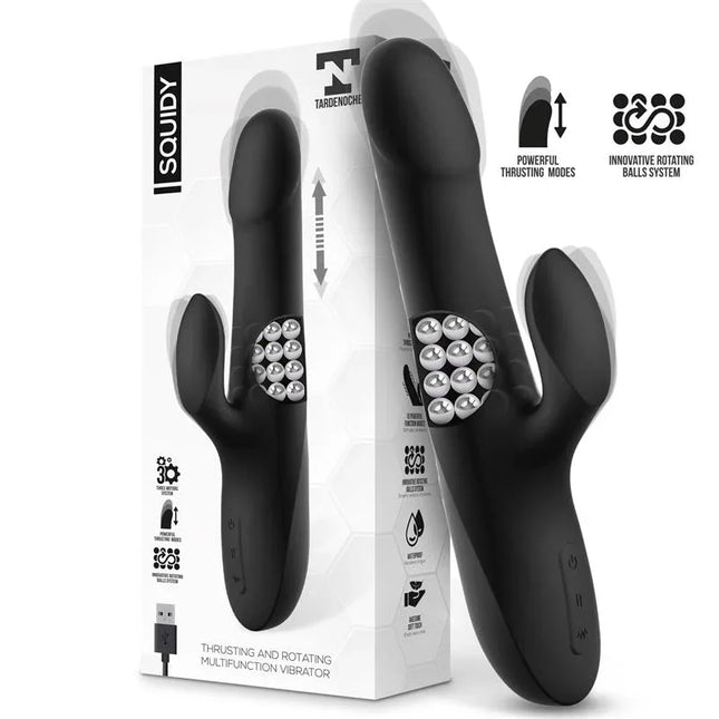 Squidy Vibe with Thrusting Movement and Rotating Beads USB Silicone in black with packaging, showcasing features for pleasure.