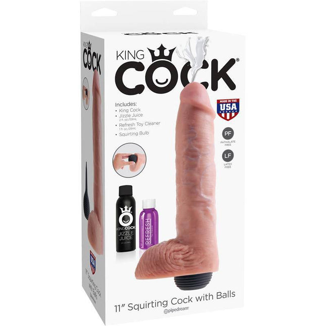Packaging of 11" Squirting Cock with Balls featuring squeeze-bulb and Jizzle Juice for a realistic experience.