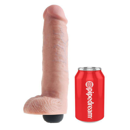 Squirting Reaslitic Dildo with Testicles 10 next to a red can for size comparison
