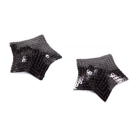 Star Nipple Covers with Black Sequins, bold self-adhesive star-shaped design, fully covered in black sequins, BDSM line accessory