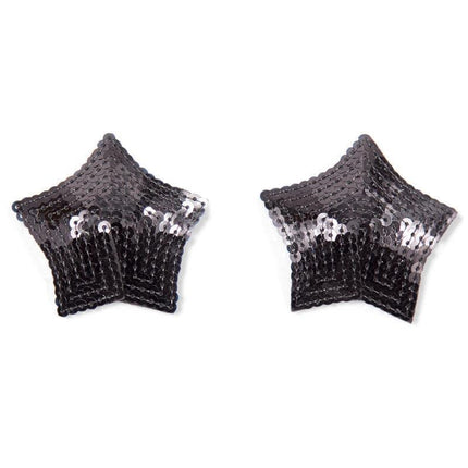Star Nipple Covers with Black Sequins, self-adhesive star-shaped nipple clamps, bold design for intimate moments or performances.