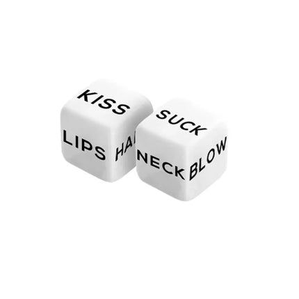 Two white dice with words like kiss, lips, and neck, used for playful and intimate games.