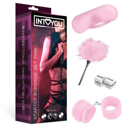 Starters Bondage Set 4 Pieces Pink from Fetish by Intoyou with blindfold, tickler, dice, and cuffs.