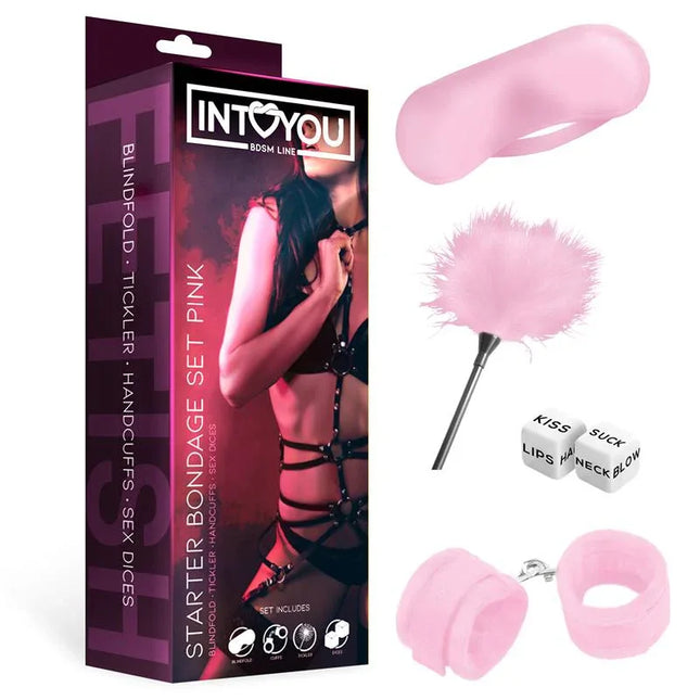 Starters Bondage Set 4 Pieces Pink from Fetish by Intoyou with blindfold, tickler, dice, and cuffs.