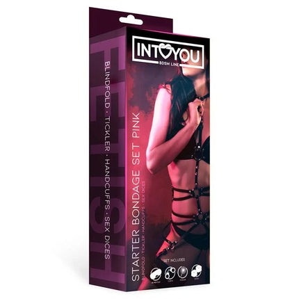 Starters Bondage Set 4 Pieces Pink packaging from Fetish by Intoyou, featuring a seductive and beginner-friendly kit for couples.
