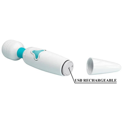 Stavros Wand White USB rechargeable massager with silicone texture and 7 vibration functions for customizable relaxation.