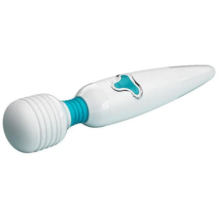 Stavros Wand White rechargeable massager with soft silicone texture, featuring 7 vibration functions, rounded head and flexible neck for comfort.