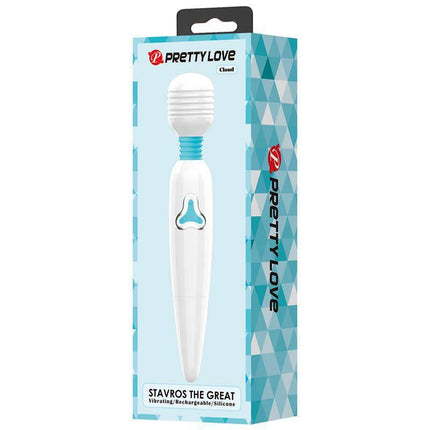 Stavros Wand White rechargeable massager in original packaging, featuring luxurious silicone and 7 vibration functions.