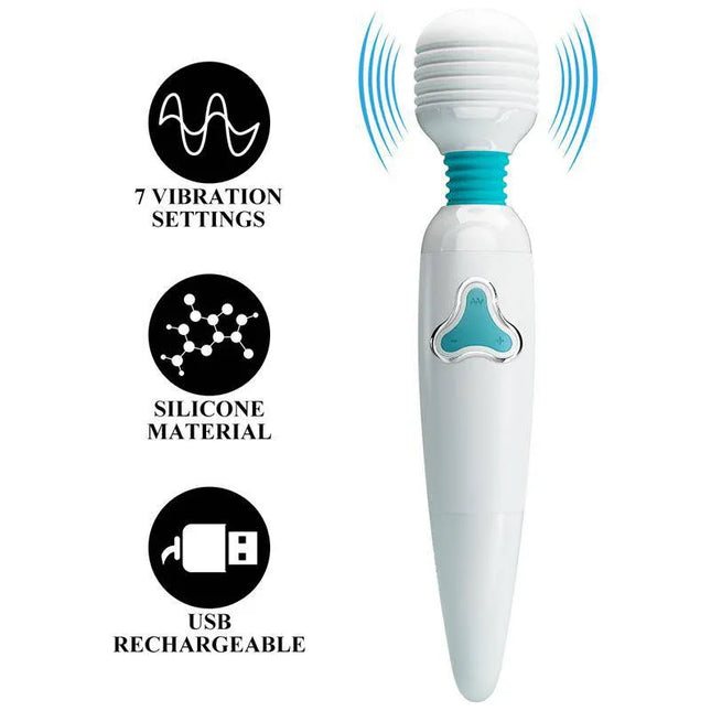 Stavros Wand White rechargeable massager with 7 vibration settings, silicone material, and USB recharge for personalized comfort.