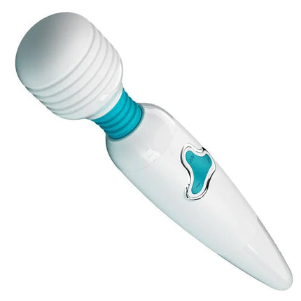 Stavros Wand White rechargeable massager with soft silicone texture, featuring 7 vibration functions, flexible neck, and ergonomic design.