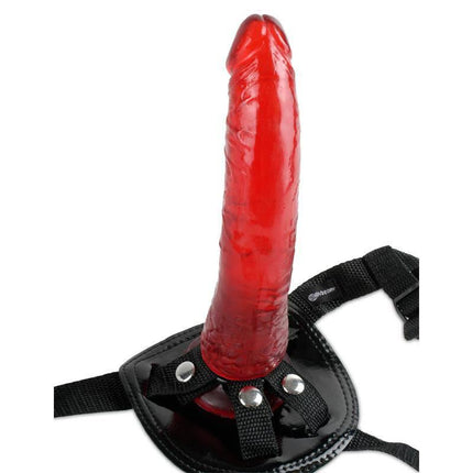 Stay-Put Harness Black with red suction-cup dildo, part of Fetish Fantasy Series for versatile and comfortable strap-on experience.