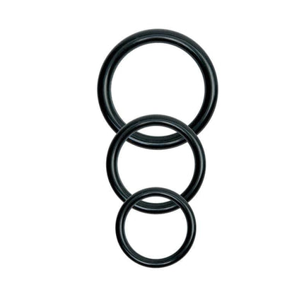 Set of three black silicone rings in varying sizes for use with Stay-Put Harness Black, compatible with various accessories.