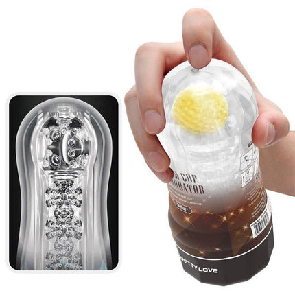 Hand holding Stellar Ball-Rolling Masturbator Cup Yellow with detailed internal texture view