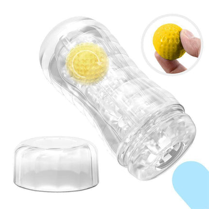 Stellar Ball-Rolling Masturbator Cup Yellow with transparent design and yellow ball for enhanced realism and stimulation.