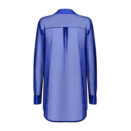 Back view of Stellya Babydoll in sheer blue fabric showcasing elegance and sophistication.