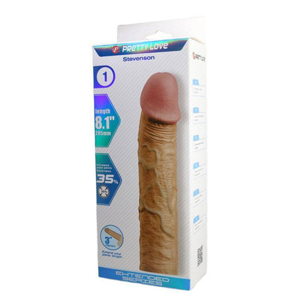 Stevenson Penis Extended packaging displaying realistic penis sleeve for enhanced pleasure and lasting support.