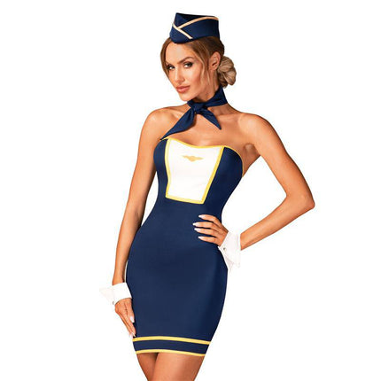 Stewardess Uniform in blue and white with cap and neck bow for cosplay and role-play.