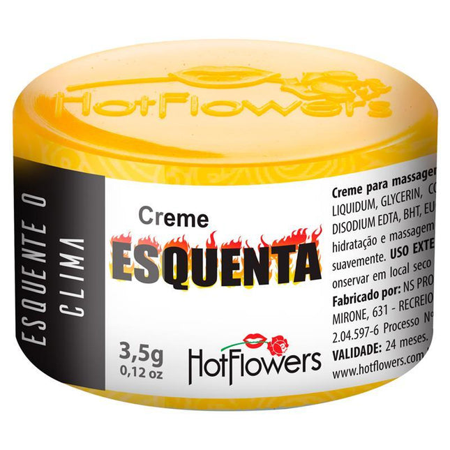 Stimulating cream heat effect unisex in yellow jar with brand name HotFlowers and product label in Portuguese.