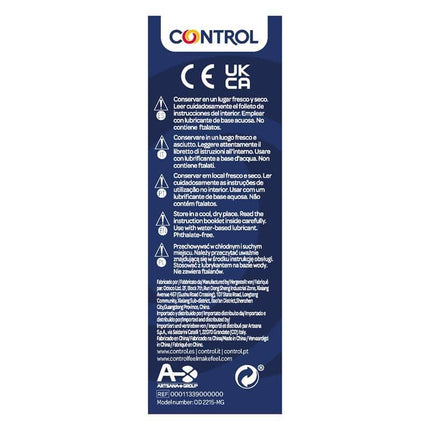 Control product packaging with safety information and instructions in multiple languages.