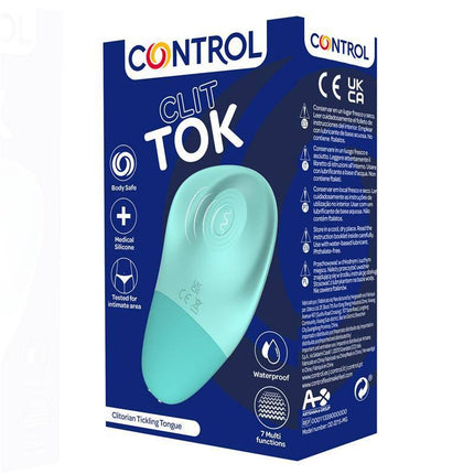 Stimulator Clik Tok by Control in packaging, featuring ergonomic design for clitoral stimulation with vibrations and pulses.