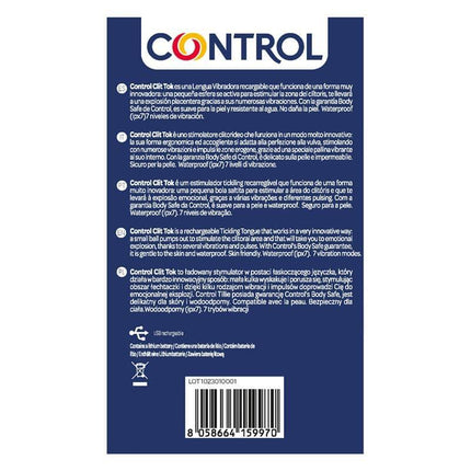 Back packaging of Stimulator Clik Tok with product details and barcode