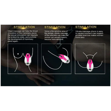 Stimulator FiFi2 Fuchsia usage diagrams illustrating massage for breast, vulva, and clitoris stimulation