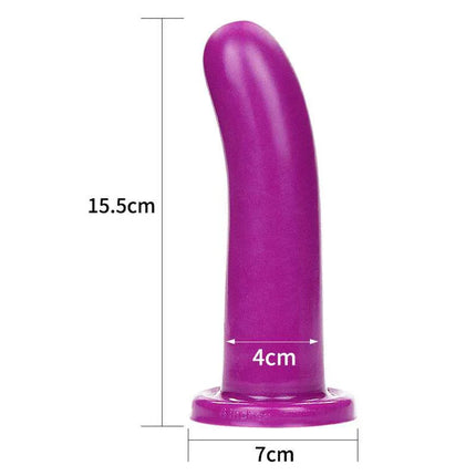 Stimulator Holy Dong 6 Liquid Silicone Purple dual-spot stimulator with measurements 15.5cm tall and 7cm base width.