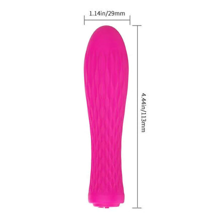 Stimulator Ian Fuchsia massager with texture and 29mm width, 113mm length.