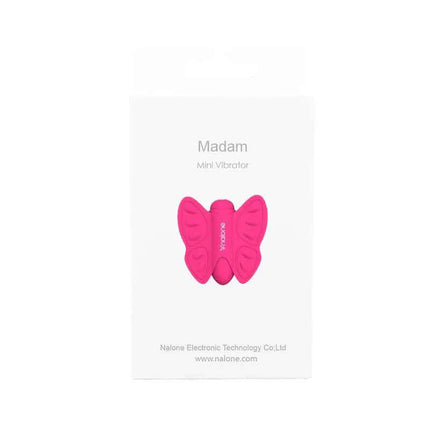 Stimulator Madam Fuchsia in packaging, compact silicone massager with butterfly design, portable and waterproof with powerful engine.