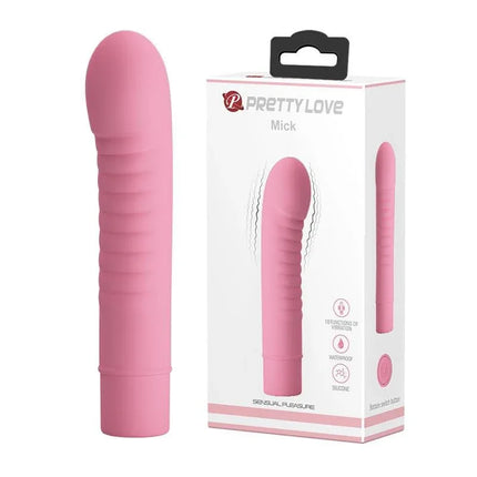 Stimulator Mick Silicone Pink device and packaging showcasing G-spot stimulator made of body-safe silicone with ABS core.