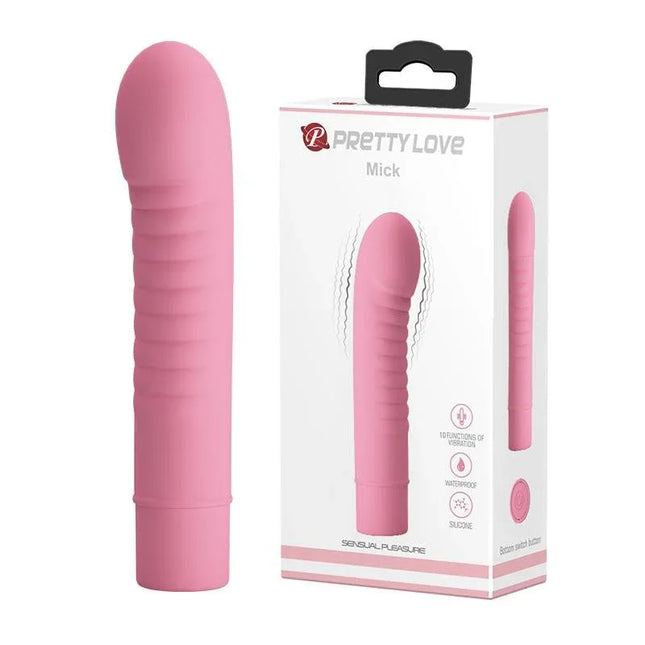 Stimulator Mick Silicone Pink device and packaging showcasing G-spot stimulator made of body-safe silicone with ABS core.