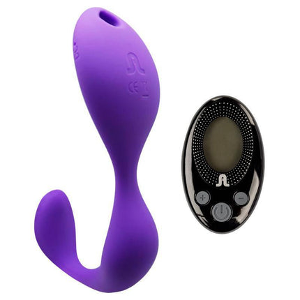 Stimulator Mr.Hook + Control LRS with purple dual-motor design and long-range remote for clitoral and G-spot stimulation.