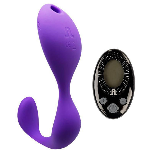 Stimulator Mr.Hook + Control LRS with purple dual-motor design and long-range remote for clitoral and G-spot stimulation.