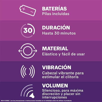 Spanish product features for Stimulator Play Pure Fantasy: battery included, 30 min duration, elastic material, vibrating head, silent volume.