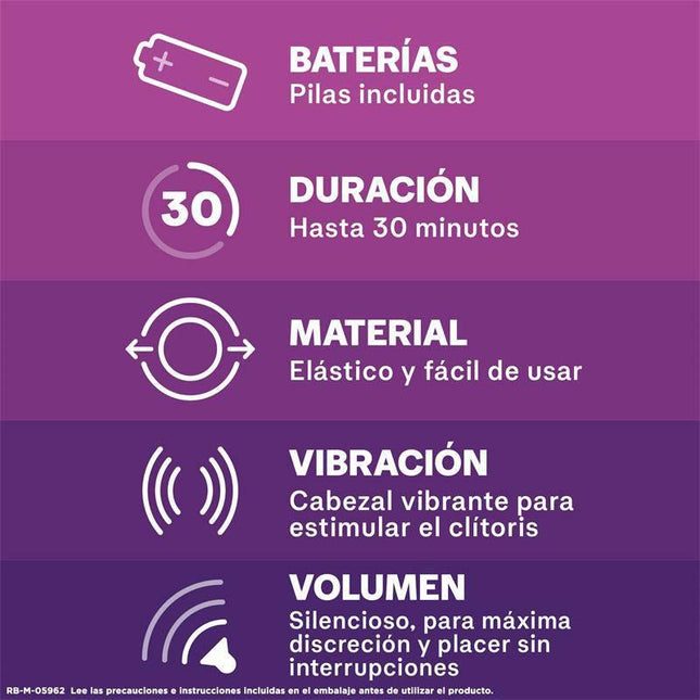 Spanish product features for Stimulator Play Pure Fantasy: battery included, 30 min duration, elastic material, vibrating head, silent volume.