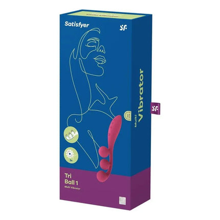 Packaging of Stimulator Tri Ball 1 Red multi vibrator with 3 motors and 10 functions for clitoral stimulation.