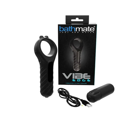 Stimulator Vibe Edge with Bathmate Vibe Bullet, USB charging cable, and packaging, made from body-safe silicone with 10 vibration patterns.