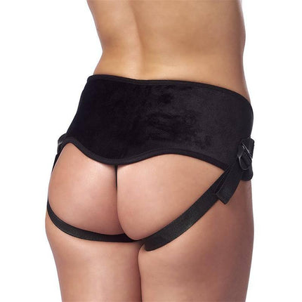 Strap-on Adjustable Black harness with side ribbons for customizable fit, shown from the back