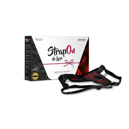 Strap On de Luxe red Without Back S - XL harness with adjustable straps, packaged, for intimate role-reversal play; fits sizes S to XL.