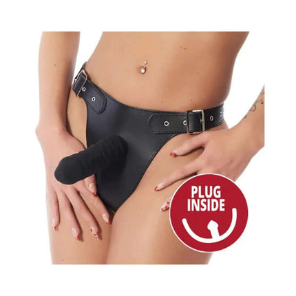 Strap-on Harness Adjustable with Inner and Exterior Dildo displayed on a model focusing on versatile pleasure.