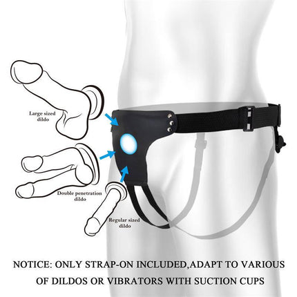 Diagram of Strap-on Harness Love Spell with adjustable nylon straps, suitable for various dildos and vibrators.
