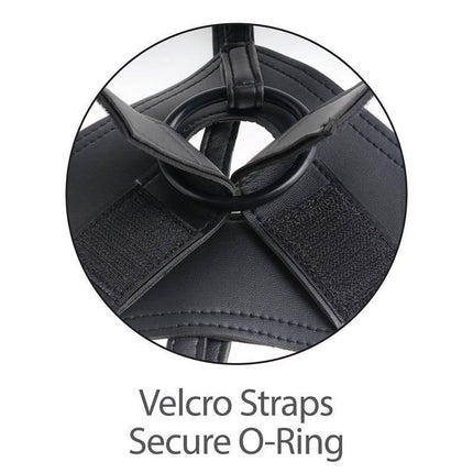 Close-up of Velcro straps on Strap-On Harness Two Cocks One Hole 7 Tan securing an O-ring for double dildo support.