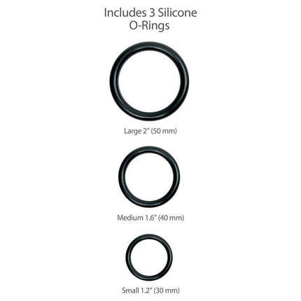 Three silicone O-rings in sizes large, medium, and small, included with Strap-On Harness Two Cocks One Hole 7 Tan