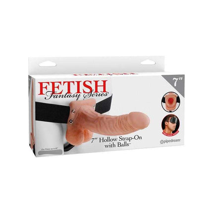 Packaging of Strap-On Hollow Dildo 7 Flesh by Fetish Fantasy Series showing adjustable harness and 7-inch hollow dildo.