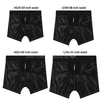 Four sizes of black strap-on shorts, including Strap-On Shorts Size S/M 32-35 inch waist, displayed for comparison.